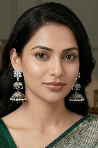 Oxidized Silver Elephant Jhumkas | Boho Pearl Drop Statement Earrings