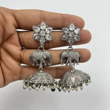 Oxidized Silver Elephant Jhumkas | Boho Pearl Drop Statement Earrings 2