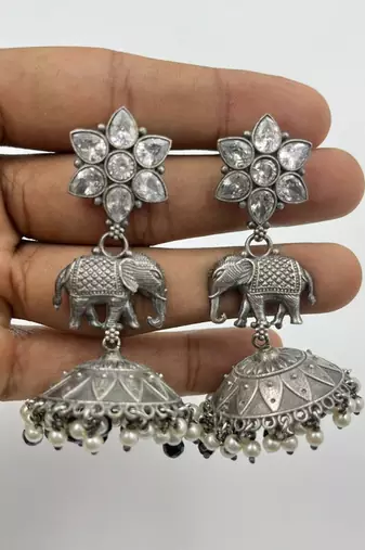 Oxidized Silver Elephant Jhumkas | Boho Pearl Drop Statement Earrings