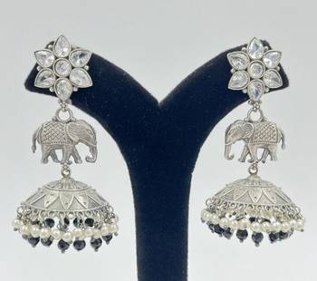 Oxidized Silver Elephant Jhumkas | Boho Pearl Drop Statement Earrings 3