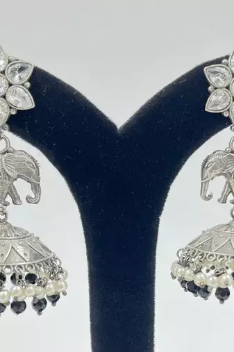 Oxidized Silver Elephant Jhumkas | Boho Pearl Drop Statement Earrings