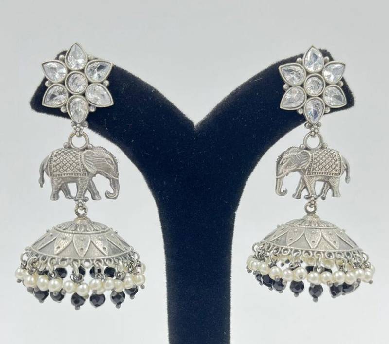 Oxidized Silver Elephant Jhumkas | Boho Pearl Drop Statement Earrings