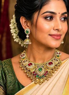South Indian Gold Bridal Necklace Set, Kundan Jhumka Jewelry 1