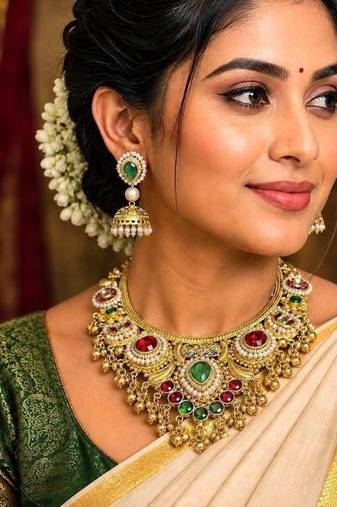 South Indian Gold Bridal Necklace Set, Kundan Jhumka Jewelry