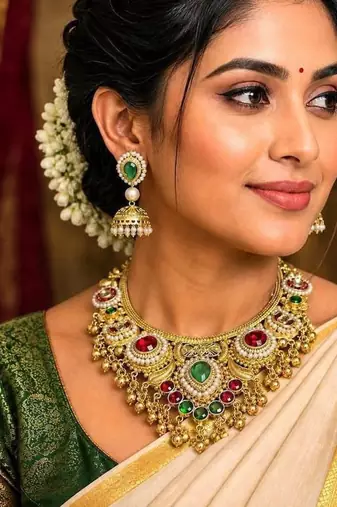 South Indian Gold Bridal Necklace Set, Kundan Jhumka Jewelry