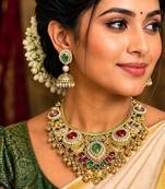 South Indian Gold Bridal Necklace Set, Kundan Jhumka Jewelry