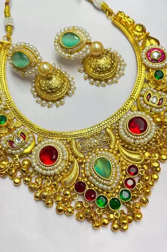 South Indian Gold Bridal Necklace Set, Kundan Jhumka Jewelry