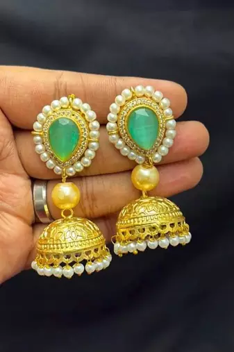 South Indian Gold Bridal Necklace Set, Kundan Jhumka Jewelry