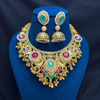South Indian Gold Bridal Necklace Set, Kundan Jhumka Jewelry 4