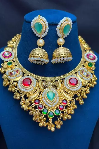 South Indian Gold Bridal Necklace Set, Kundan Jhumka Jewelry