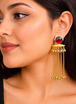 Red Stone long chain Earrings, Kashmiri Gold Drop Earrings, Pearl Indian Statement Jewelry 1