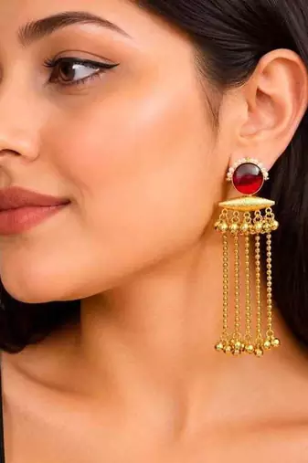 Red Stone long chain Earrings, Kashmiri Gold Drop Earrings, Pearl Indian Statement Jewelry