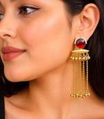 Red Stone long chain Earrings, Kashmiri Gold Drop Earrings, Pearl Indian Statement Jewelry