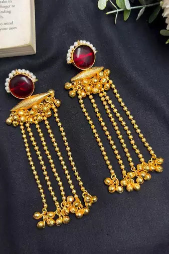 Red Stone long chain Earrings, Kashmiri Gold Drop Earrings, Pearl Indian Statement Jewelry