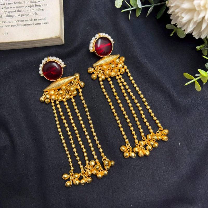 Red Stone long chain Earrings, Kashmiri Gold Drop Earrings, Pearl Indian Statement Jewelry