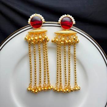 Red Stone long chain Earrings, Kashmiri Gold Drop Earrings, Pearl Indian Statement Jewelry 3