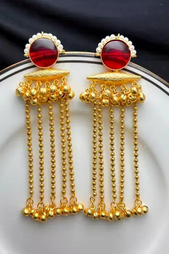 Red Stone long chain Earrings, Kashmiri Gold Drop Earrings, Pearl Indian Statement Jewelry