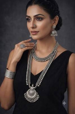 Oxidized Silver Necklace Set 7 pc with Long Pendant, Chitai Work Choker, Jhumkas, Kada Bracelet 1