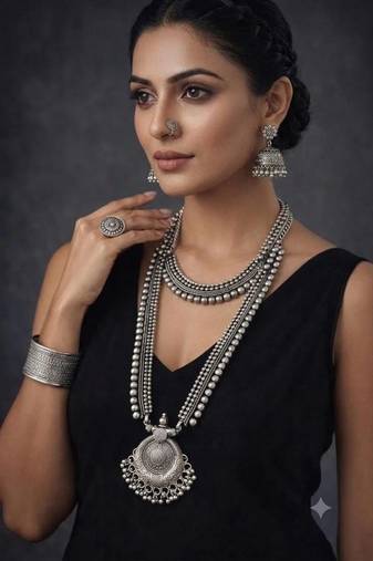Oxidized Silver Necklace Set 7 pc with Long Pendant, Chitai Work Choker, Jhumkas, Kada Bracelet