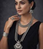 Oxidized Silver Necklace Set 7 pc with Long Pendant, Chitai Work Choker, Jhumkas, Kada Bracelet
