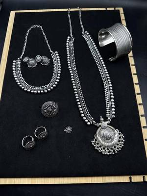 Oxidized Silver Necklace Set 7 pc with Long Pendant, Chitai Work Choker, Jhumkas, Kada Bracelet 2