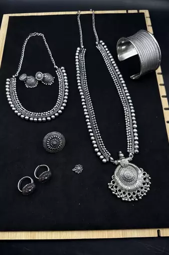 Oxidized Silver Necklace Set 7 pc with Long Pendant, Chitai Work Choker, Jhumkas, Kada Bracelet