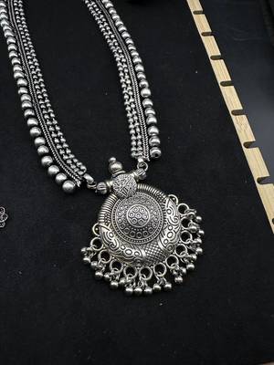 Oxidized Silver Necklace Set 7 pc with Long Pendant, Chitai Work Choker, Jhumkas, Kada Bracelet 3