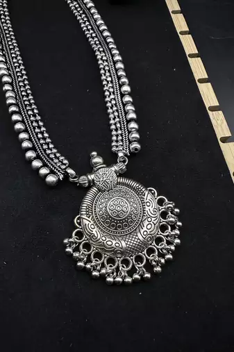 Oxidized Silver Necklace Set 7 pc with Long Pendant, Chitai Work Choker, Jhumkas, Kada Bracelet