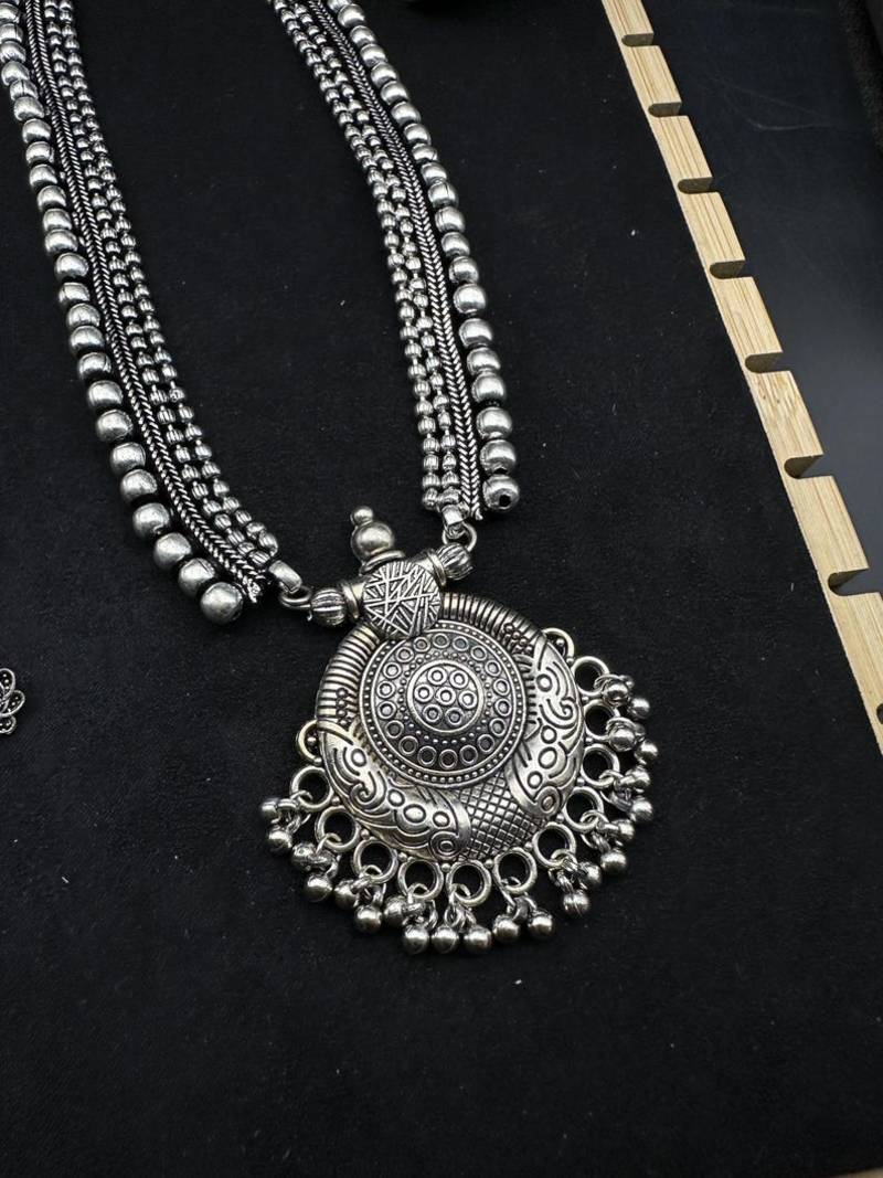 Oxidized Silver Necklace Set 7 pc with Long Pendant, Chitai Work Choker, Jhumkas, Kada Bracelet