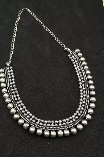 Oxidized Silver Necklace Set 7 pc with Long Pendant, Chitai Work Choker, Jhumkas, Kada Bracelet