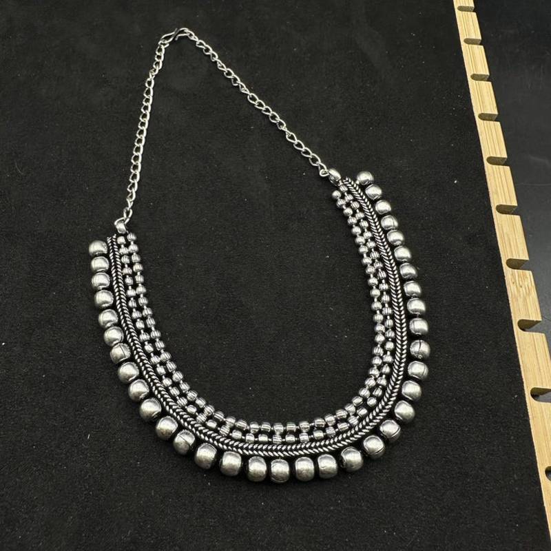 Oxidized Silver Necklace Set 7 pc with Long Pendant, Chitai Work Choker, Jhumkas, Kada Bracelet
