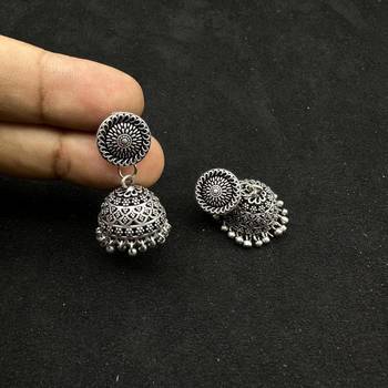 Oxidized Silver Necklace Set 7 pc with Long Pendant, Chitai Work Choker, Jhumkas, Kada Bracelet 5