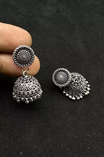Oxidized Silver Necklace Set 7 pc with Long Pendant, Chitai Work Choker, Jhumkas, Kada Bracelet