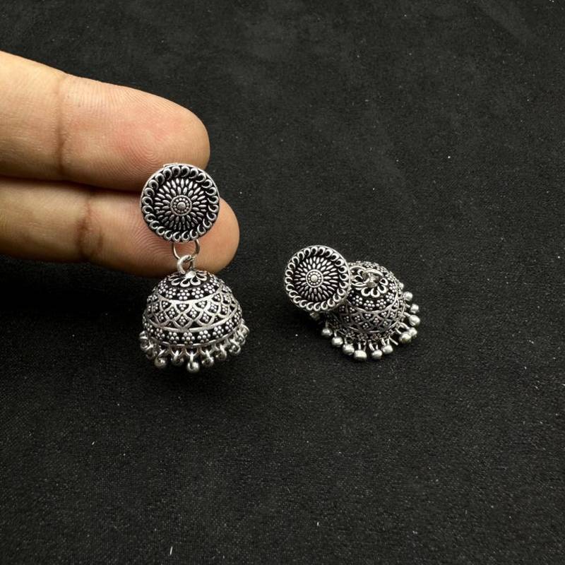 Oxidized Silver Necklace Set 7 pc with Long Pendant, Chitai Work Choker, Jhumkas, Kada Bracelet
