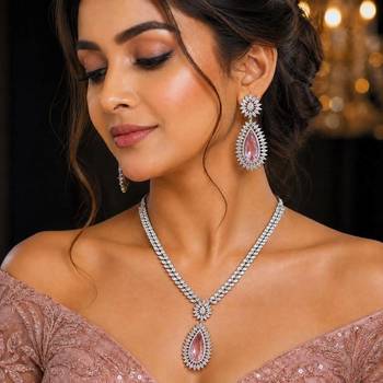 Pink Teardrop Crystal Necklace Set, Silver Statement Jewelry Set, Bridal Necklace Earrings 1