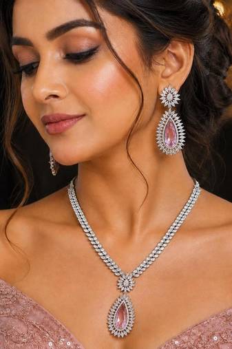 Pink Teardrop Crystal Necklace Set, Silver Statement Jewelry Set, Bridal Necklace Earrings