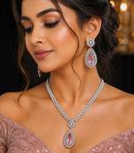 Pink Teardrop Crystal Necklace Set, Silver Statement Jewelry Set, Bridal Necklace Earrings