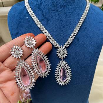 Pink Teardrop Crystal Necklace Set, Silver Statement Jewelry Set, Bridal Necklace Earrings 2