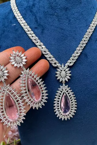 Pink Teardrop Crystal Necklace Set, Silver Statement Jewelry Set, Bridal Necklace Earrings