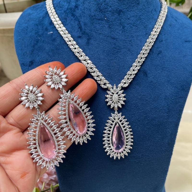 Pink Teardrop Crystal Necklace Set, Silver Statement Jewelry Set, Bridal Necklace Earrings