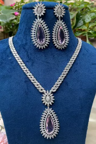 Pink Teardrop Crystal Necklace Set, Silver Statement Jewelry Set, Bridal Necklace Earrings