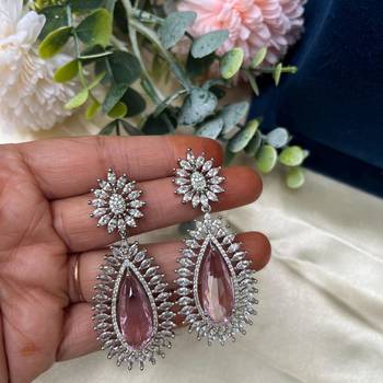 Pink Teardrop Crystal Necklace Set, Silver Statement Jewelry Set, Bridal Necklace Earrings 4