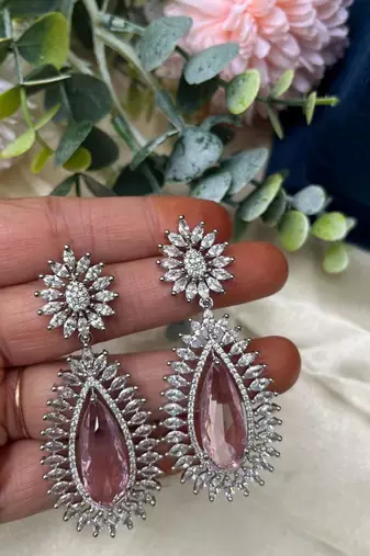 Pink Teardrop Crystal Necklace Set, Silver Statement Jewelry Set, Bridal Necklace Earrings