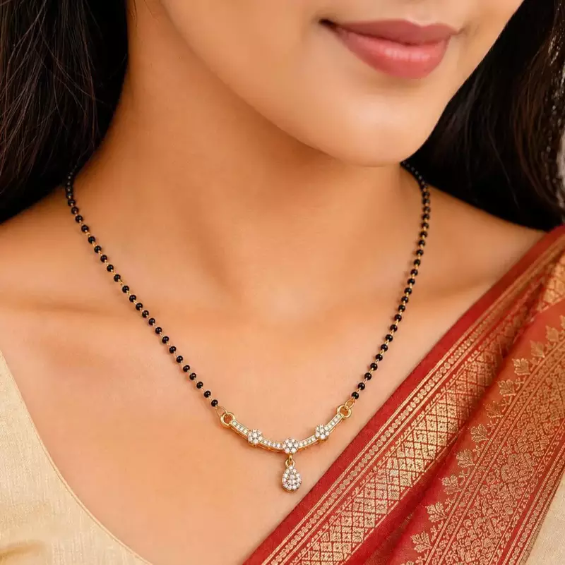 Black Beaded Mangalsutra Necklace, Gold Tone Pendant, Maharashtrian Wedding Jewelry