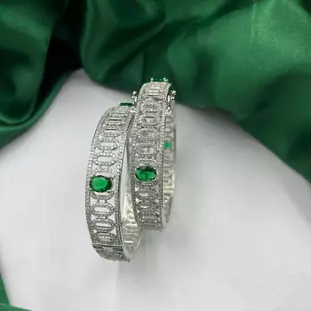 Silver CZ Bangles with Green Stones: Indian Bridal Jewelry Set 1