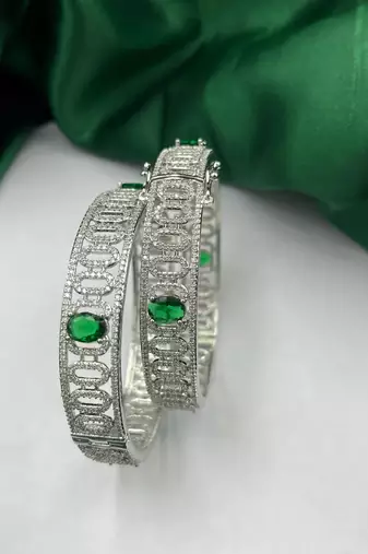 Silver CZ Bangles with Green Stones: Indian Bridal Jewelry Set