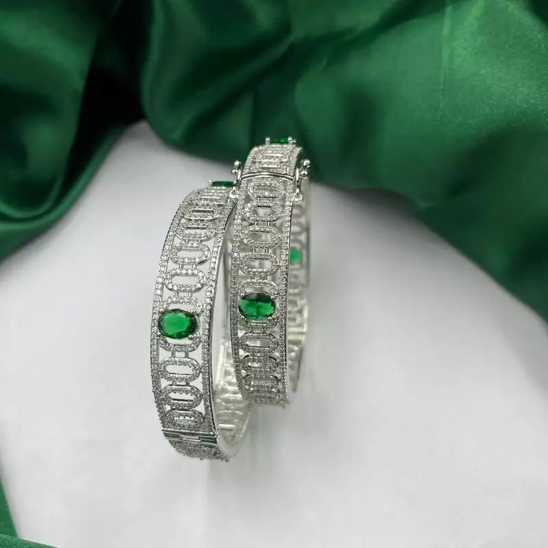 Silver CZ Bangles with Green Stones: Indian Bridal Jewelry Set