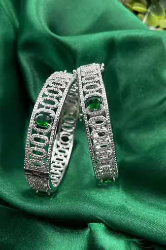 Silver CZ Bangles with Green Stones: Indian Bridal Jewelry Set