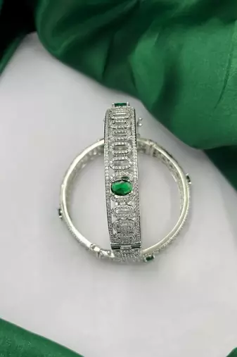 Silver CZ Bangles with Green Stones: Indian Bridal Jewelry Set