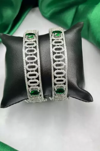 Silver CZ Bangles with Green Stones: Indian Bridal Jewelry Set